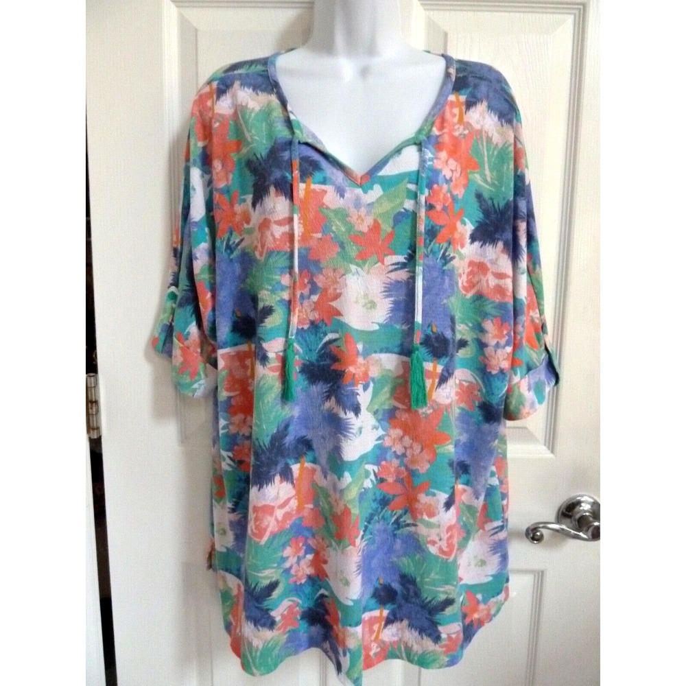 D & Co Beach Women 1X Tropical Oversized V-Neck Cuffed Short Sleeve Blouse Shirt